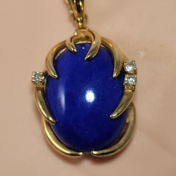 Stunning Large 14K Lapis & Diamond Pendant With Snap Close Bale Pearl Necklace - Picture 5 of 11